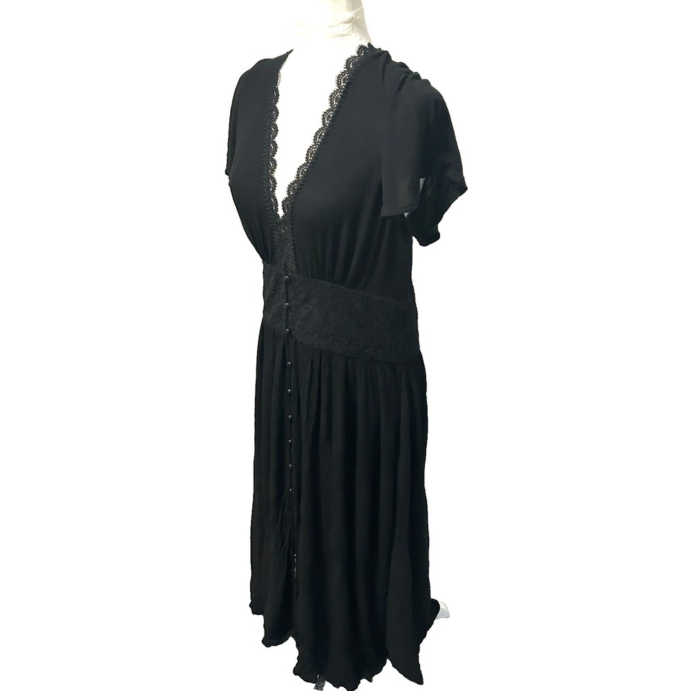 Beyond The Radar Button Front Midi Dress~ M~ Black Gauze Deep V Lace Whimsigoth
